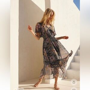 Leilani Patchwork Floral Midi Dress | Boho V-Neck Smocked Waist